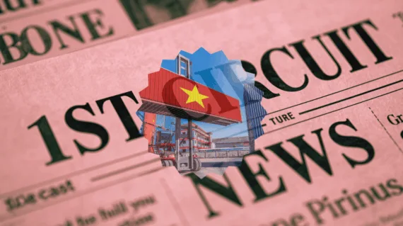 1st Circuit Tariff News headline featuring an import/export shipping container on a crane