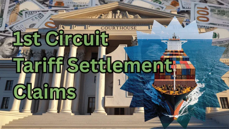 1st Circuit Tariff Settlement Claims text on depiction of First Circuit court with a container ship on the ocean and a high-value cash backdrop.