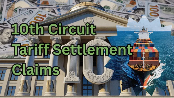 10th Circuit Tariff Settlement Claims text on depiction of First Circuit court with a container ship on the ocean and a high-value cash backdrop.