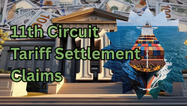 11th Circuit Tariff Settlement Claims text on depiction of First Circuit court with a container ship on the ocean and a high-value cash backdrop.