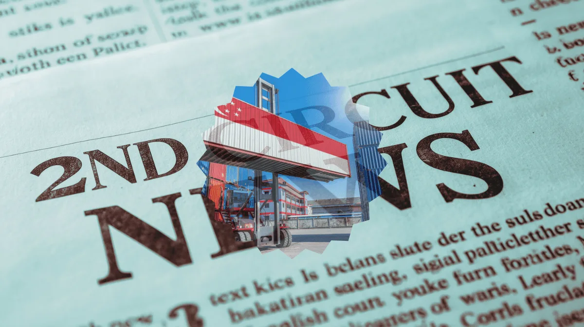 2nd Circuit Tariff News headline featuring an import/export shipping container on a crane