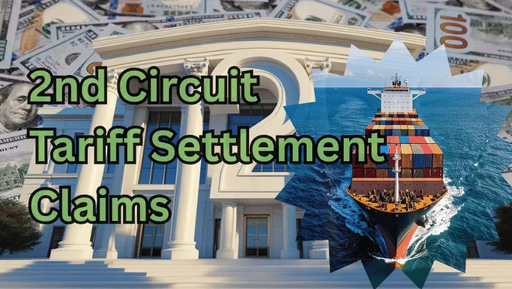 2nd Circuit Tariff Settlement Claims text on depiction of First Circuit court with a container ship on the ocean and a high-value cash backdrop.