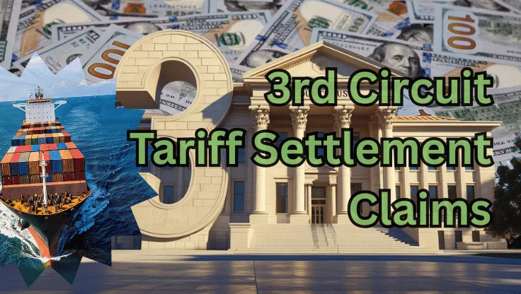 3rd Circuit Tariff Settlement Claims text on depiction of First Circuit court with a container ship on the ocean and a high-value cash backdrop.