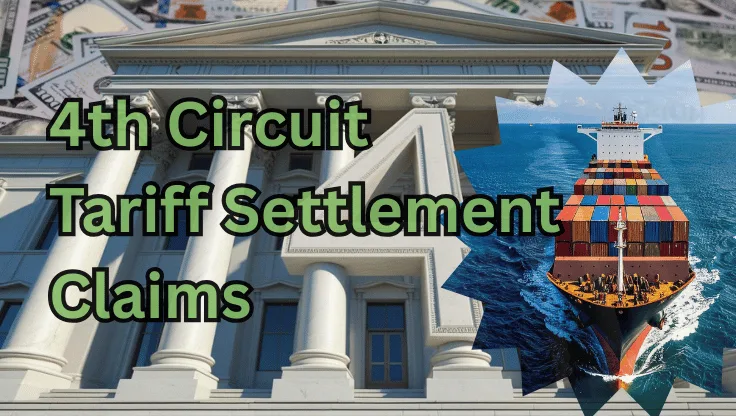 4th Circuit Tariff Settlement Claims text on depiction of First Circuit court with a container ship on the ocean and a high-value cash backdrop.