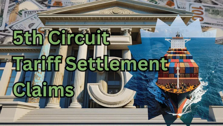 5th Circuit Tariff Settlement Claims text on depiction of First Circuit court with a container ship on the ocean and a high-value cash backdrop.