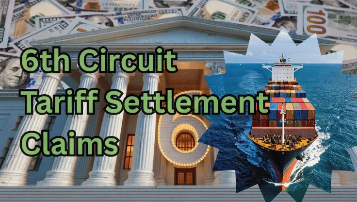 6th Circuit Tariff Settlement Claims text on depiction of First Circuit court with a container ship on the ocean and a high-value cash backdrop.