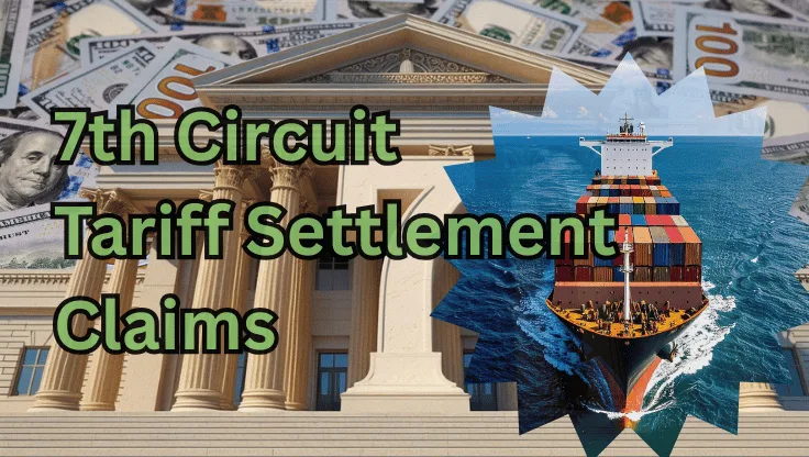 7th Circuit Tariff Settlement Claims text on depiction of First Circuit court with a container ship on the ocean and a high-value cash backdrop.