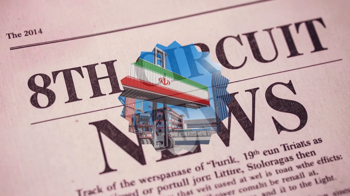 8th Circuit Tariff News headline featuring an import/export shipping container on a crane