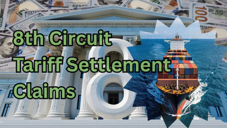 8th Circuit Tariff Settlement Claims text on depiction of First Circuit court with a container ship on the ocean and a high-value cash backdrop.