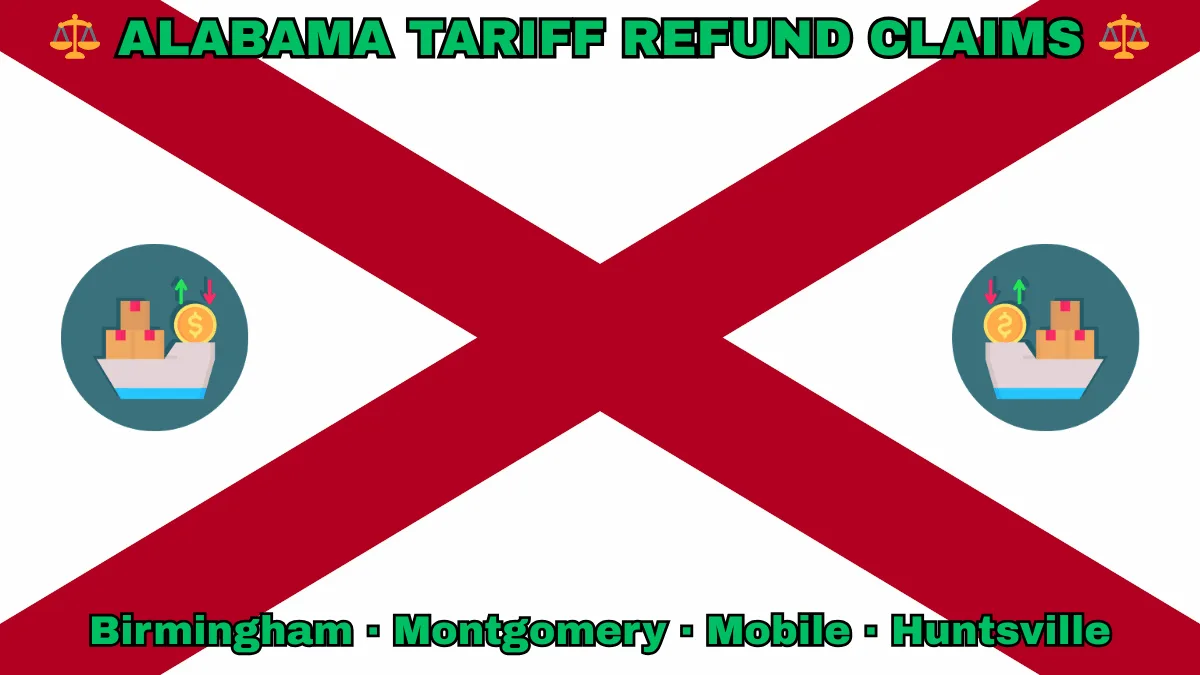 ALABAMA TARIFF REFUND CLAIMS: Birmingham, Montgomery, Mobile, and Huntsville text on AL state flag adorned with shipping import tariffs depicted near a red St. Andrew's cross on a white background.