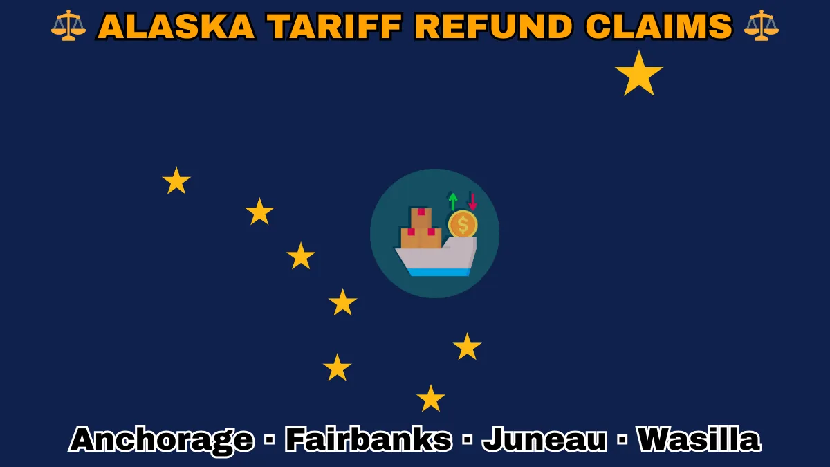 ALASKA TARIFF REFUND CLAIMS: Anchorage, Fairbanks, Juneau, and Wasilla text on AK state flag adorned with shipping import tariffs depicted on a blue field near the Big Dipper and North Star.