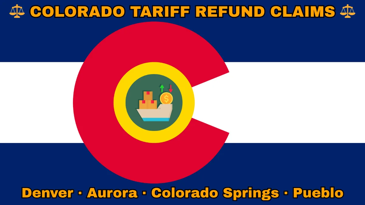 COLORADO TARIFF REFUND CLAIMS: Denver, Aurora, Colorado Springs, and Pueblo text on CO state flag adorned with shipping import tariffs depicted near an old red "C" with a golden circle on blue and white stripes