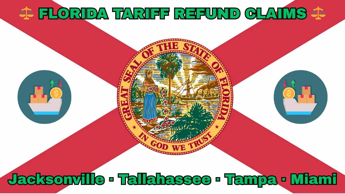 FLORIDA TARIFF REFUND CLAIMS: Jacksonville, Tallahassee, Tampa, and Miami text on FL state flag adorned with shipping import tariffs depicted near a red cross and SEAL of a Seminole woman scattering flowers by a shoreline with a boat, palm trees, and sunlight.