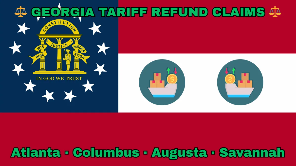 GEORGIA TARIFF REFUND CLAIMS: Atlanta, Columbus, Augusta, and Savannah text on GA state flag adorned with shipping import tariffs depicted near a gold arch on blue canton with three pillars and 13 white stars, next to three thick red and white stripes.