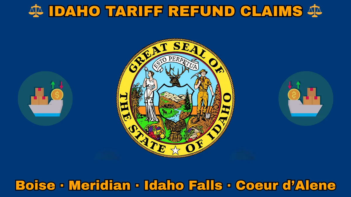 IDAHO TARIFF REFUND CLAIMS: Boise, Meridian, Idaho Falls, and Coeur d’Alene text on ID state flag adorned with shipping import tariffs depicted on a blue field near the official seal and banner