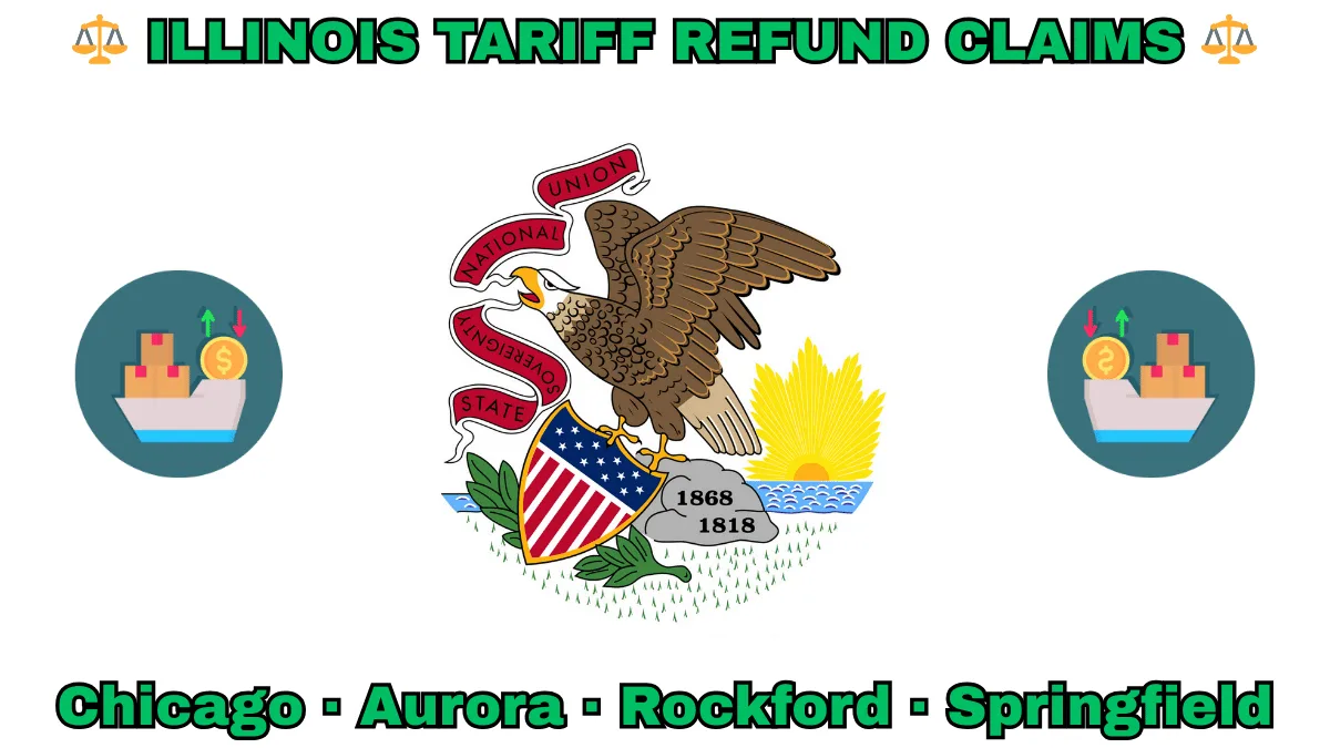 ILLINOIS TARIFF REFUND CLAIMS: Chicago, Aurora, Rockford, and Springfield text on IL state flag adorned with shipping import tariffs depicted near a bald eagle perched on a rock and holding a shield, as the sun shines bright.