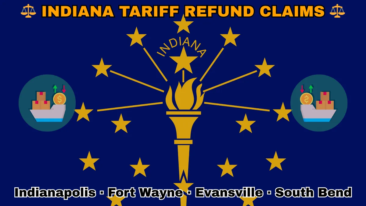INDIANA TARIFF REFUND CLAIMS: Indianapolis, Fort Wayne, Evansville, and South Bend text on IN state flag adorned with shipping import tariffs depicted near a gold torch and stars.