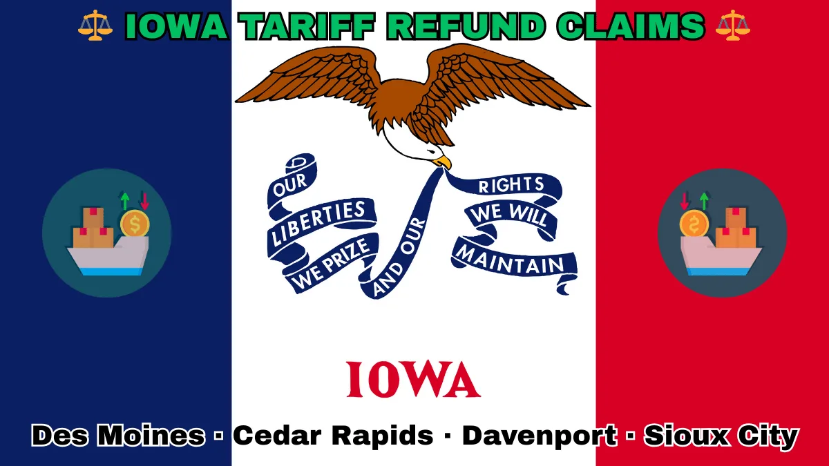 IOWA TARIFF REFUND CLAIMS: Des Moines, Cedar Rapids, Davenport, and Sioux City text on IA state flag adorned with shipping import tariffs depicted along blue, white, and red vertical stripes near an eagle and banner