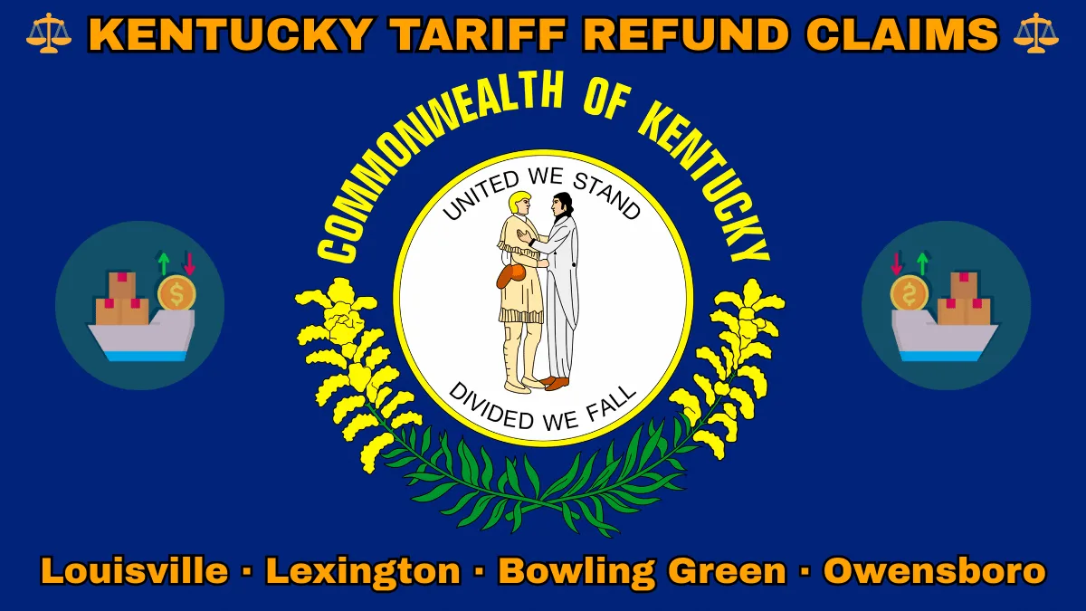 KENTUCKY TARIFF REFUND CLAIMS: Louisville, Lexington, Bowling Green, and Owensboro text on KY state flag adorned with shipping import tariffs depicted on a blue field near the official seal and “UNITED WE STAND” motto