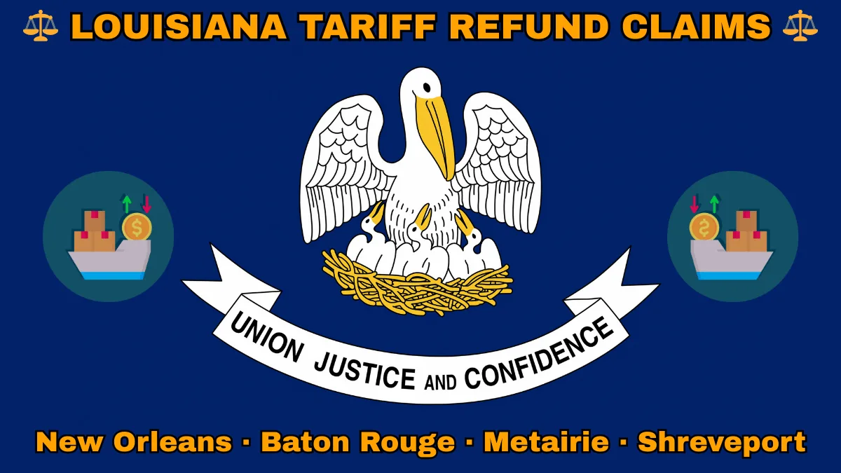 LOUISIANA TARIFF REFUND CLAIMS: New Orleans, Baton Rouge, Metairie, and Shreveport text on LA state flag adorned with shipping import tariffs depicted near a pelican feeding chicks with motto “UNION, JUSTICE, CONFIDENCE"