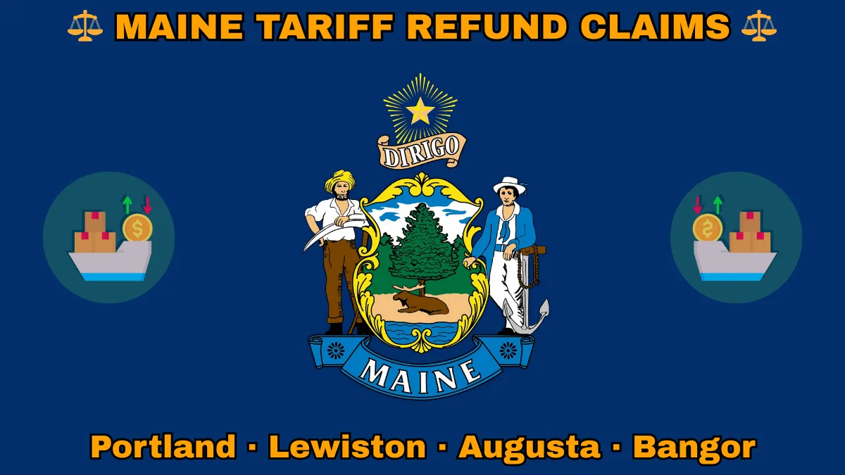 MAINE TARIFF REFUND CLAIMS: Portland, Lewiston, Augusta, and Bangor text on ME state flag adorned with shipping import tariffs depicted on a blue field near a shield, pine tree, moose, and “DIRIGO” motto