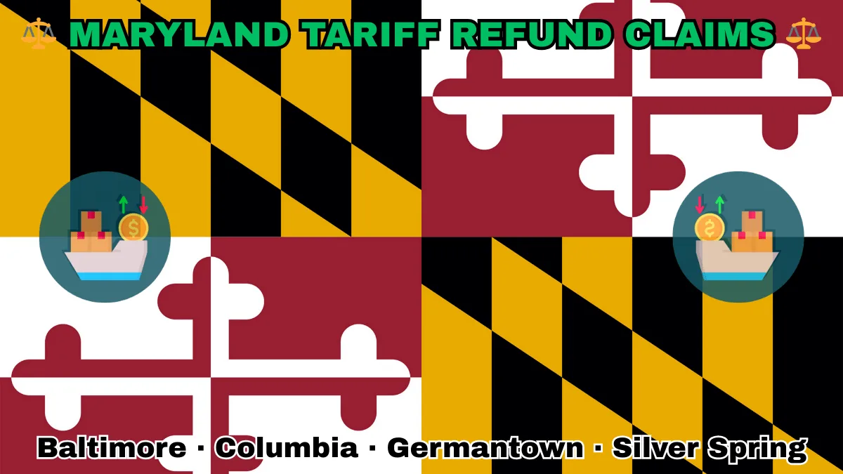 MARYLAND TARIFF REFUND CLAIMS: Baltimore, Columbia, Germantown, and Silver Spring text on MD state flag adorned with shipping import tariffs depicted near red and white crosses, and black and gold checkered Calvert arms.