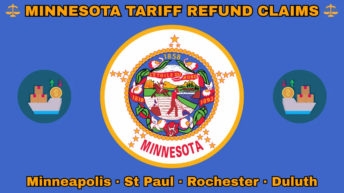 MINNESOTA TARIFF REFUND CLAIMS: Minneapolis, St Paul, Rochester, and Duluth text on MN state flag adorned with shipping import tariffs depicted on blue background near the official seal featuring a wreath of pink-and-white lady’s slippers