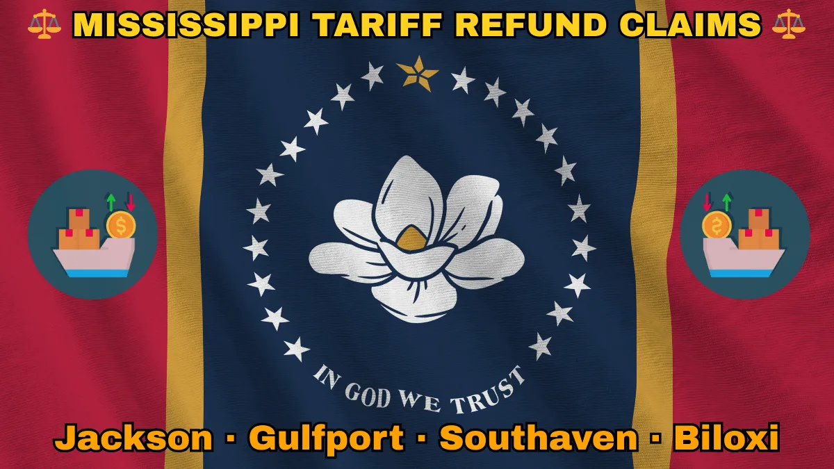 MISSISSIPPI TARIFF REFUND CLAIMS: Jackson, Gulfport, Southaven, and Biloxi text on MS state flag adorned with shipping import tariffs depicted along red, gold, and blue stripes near magnolia blossom and stars