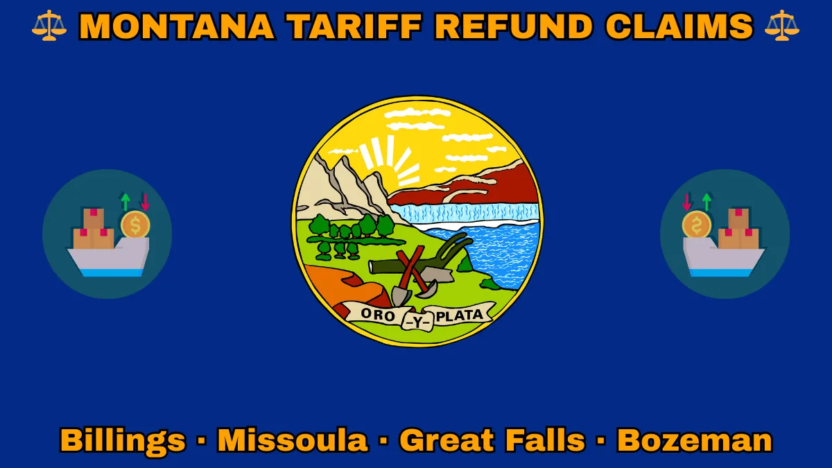 MONTANA TARIFF REFUND CLAIMS: Billings, Missoula, Great Falls, and Bozeman text on MT state flag adorned with shipping import tariffs depicted on a blue field near official seal featuring a plow and mountains