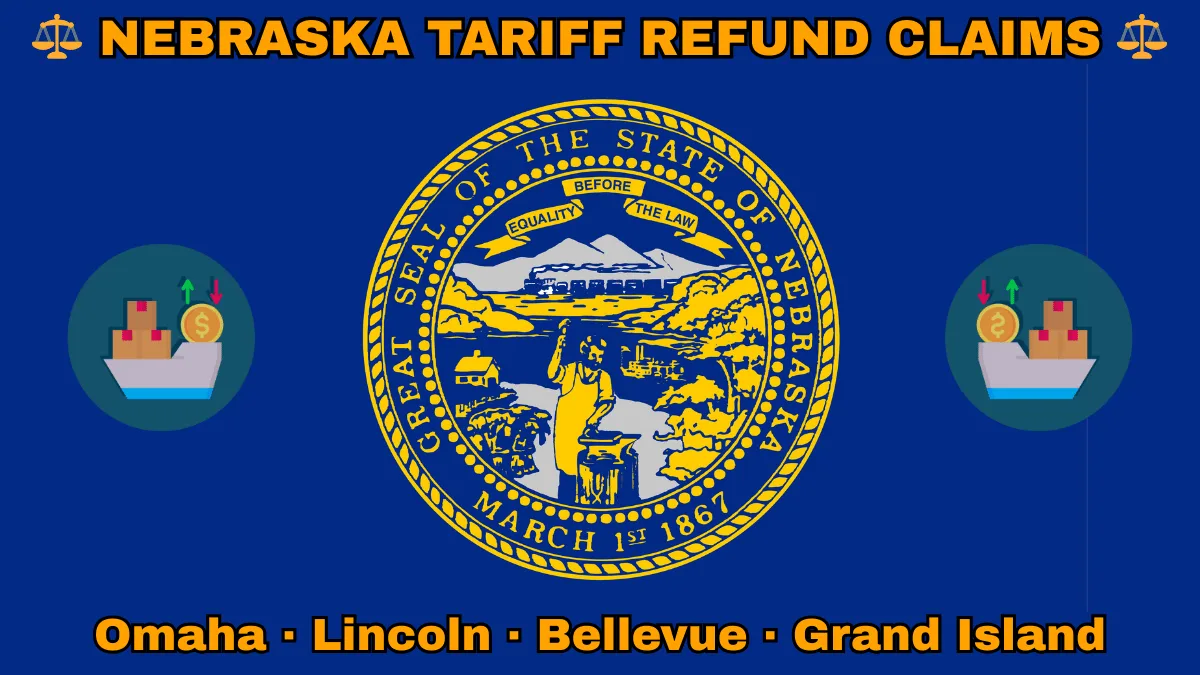 NEBRASKA TARIFF REFUND CLAIMS: Omaha, Lincoln, Bellevue, and Grand Island text on NE state flag adorned with shipping import tariffs depicted on a dark blue field near the official seal in gold