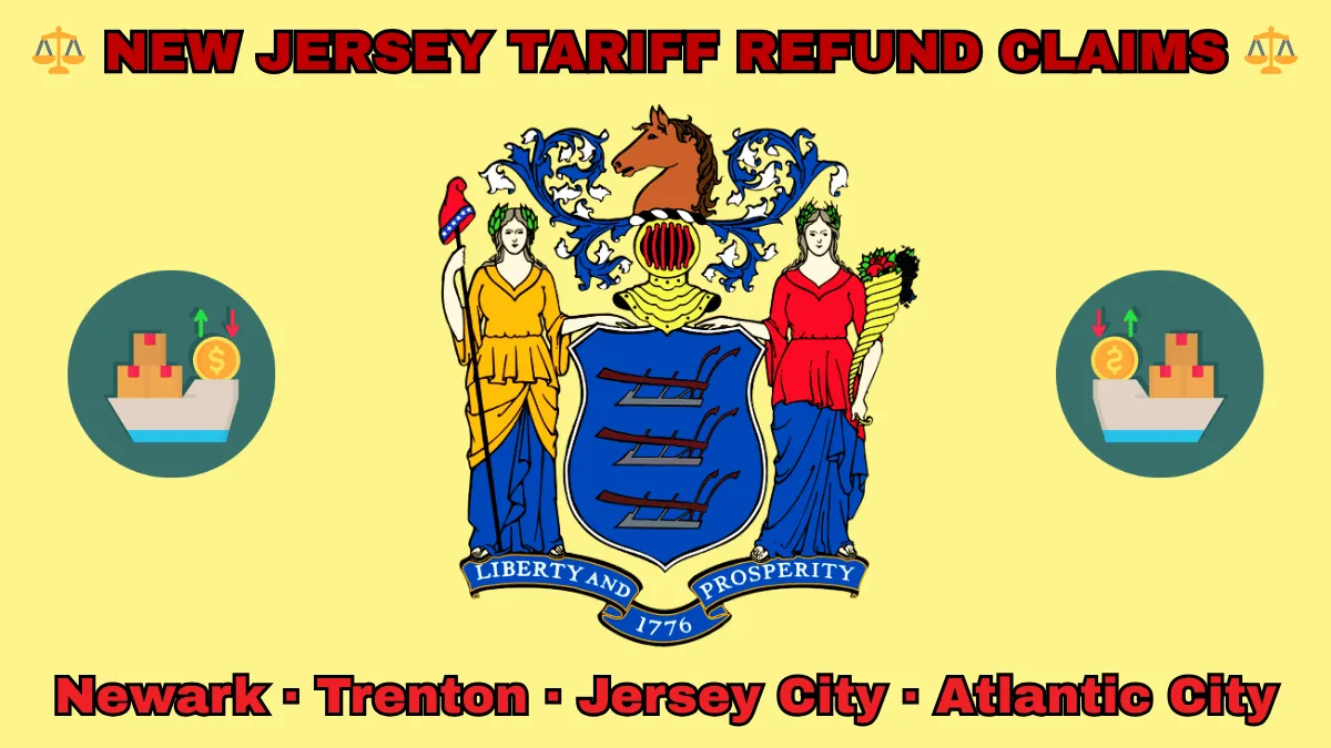 NEW JERSEY TARIFF REFUND CLAIMS: Newark, Trenton, Jersey City, and Atlantic City text on NJ state flag adorned with shipping import tariffs depicted near a shield with three plows, the goddesses Liberty and Ceres, and a horse head.