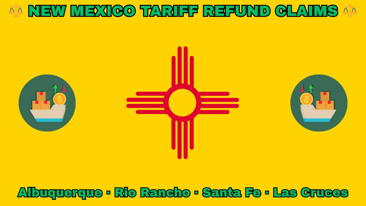 NEW MEXICO TARIFF REFUND CLAIMS: Albuquerque, Rio Rancho, Santa Fe, and Las Cruces text on NM state flag adorned with shipping import tariffs depicted on a yellow background near a red Zia sun symbol