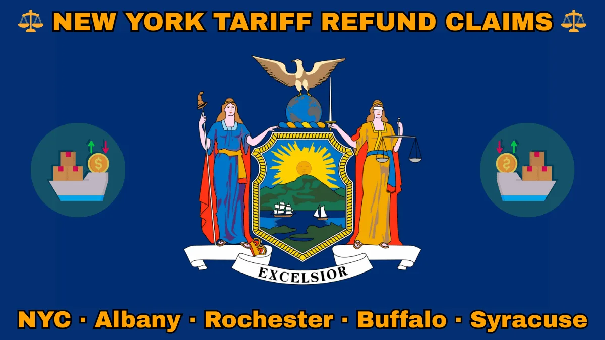 NEW YORK TARIFF REFUND CLAIMS: NYC, Albany, Rochester, Buffalo, and Syracuse text on NY state flag adorned with shipping import tariffs depicted near Liberty and Justice holding a sword and scales, an eagle atop a globe, and a shield featuring the sun shining over the mountains onto Hudson River boaters.