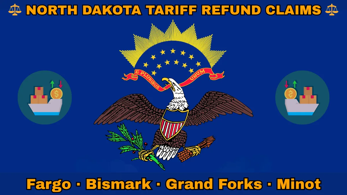 NORTH DAKOTA TARIFF REFUND CLAIMS: Fargo, Bismark, Grand Forks, and Minot text on ND state flag adorned with shipping import tariffs depicted on a blue field near a bald eagle, ribbon, and shield.