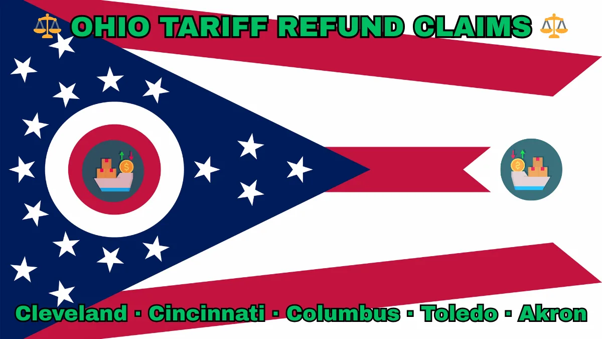OHIO TARIFF REFUND CLAIMS: Cleveland, Cincinnati, Columbus, Toledo, and Akron text on OH state flag adorned with shipping import tariffs depicted near a triangular swallowtail with red, white, and blue stripes and stars.