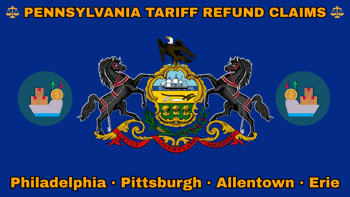 PENNSYLVANIA TARIFF REFUND CLAIMS: Philadelphia, Pittsburgh, Allentown, and Erie text on PA state flag adorned with shipping import tariffs depicted near horses and an eagle flanking a shield featuring a ship, plow, and sheaves of wheat.