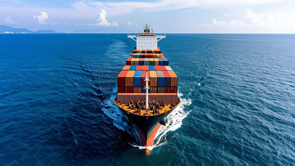 A container ship transporting tariffed containers across international waters.