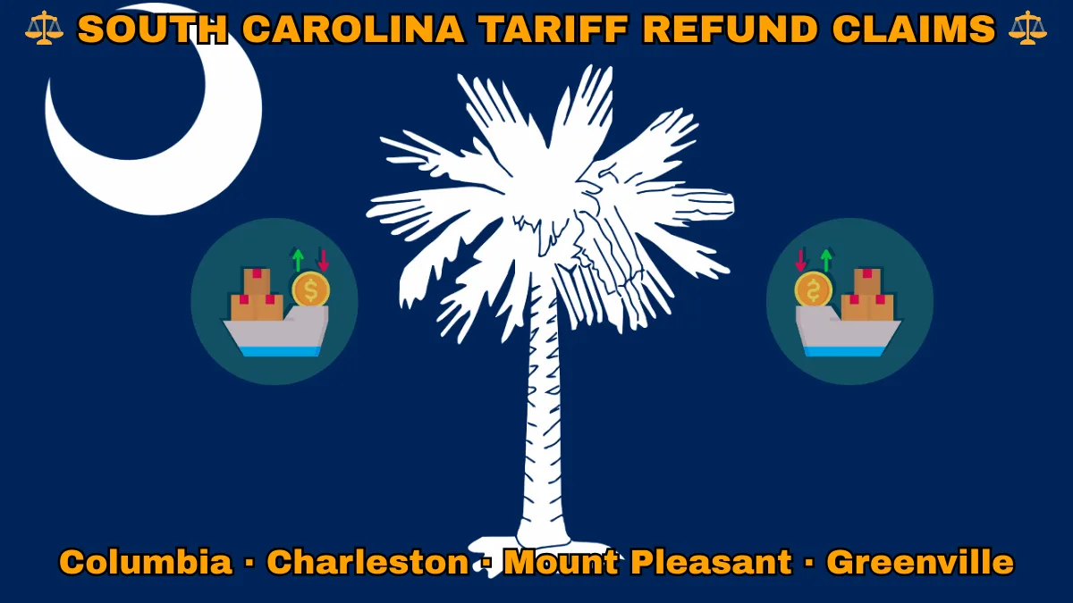 SOUTH CAROLINA TARIFF REFUND CLAIMS: Columbia, Charleston, Mount Pleasant, and Greenville text on SC state flag adorned with shipping import tariffs depicted on a blue field near a white palmetto tree and crescent moon