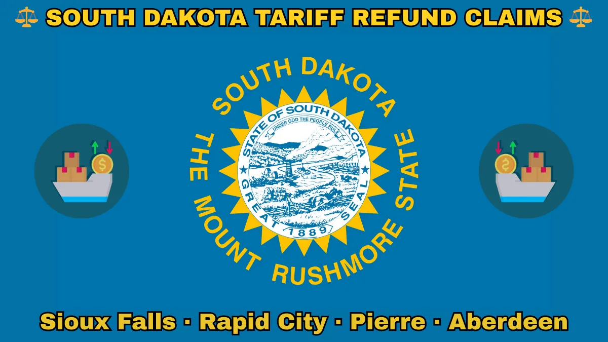 SOUTH DAKOTA TARIFF REFUND CLAIMS: Sioux Falls, Rapid City, Pierre, and Aberdeen text on SD state flag adorned with shipping import tariffs depicted on a blue field near the official seal and words "THE MOUNT RUSHMORE STATE"