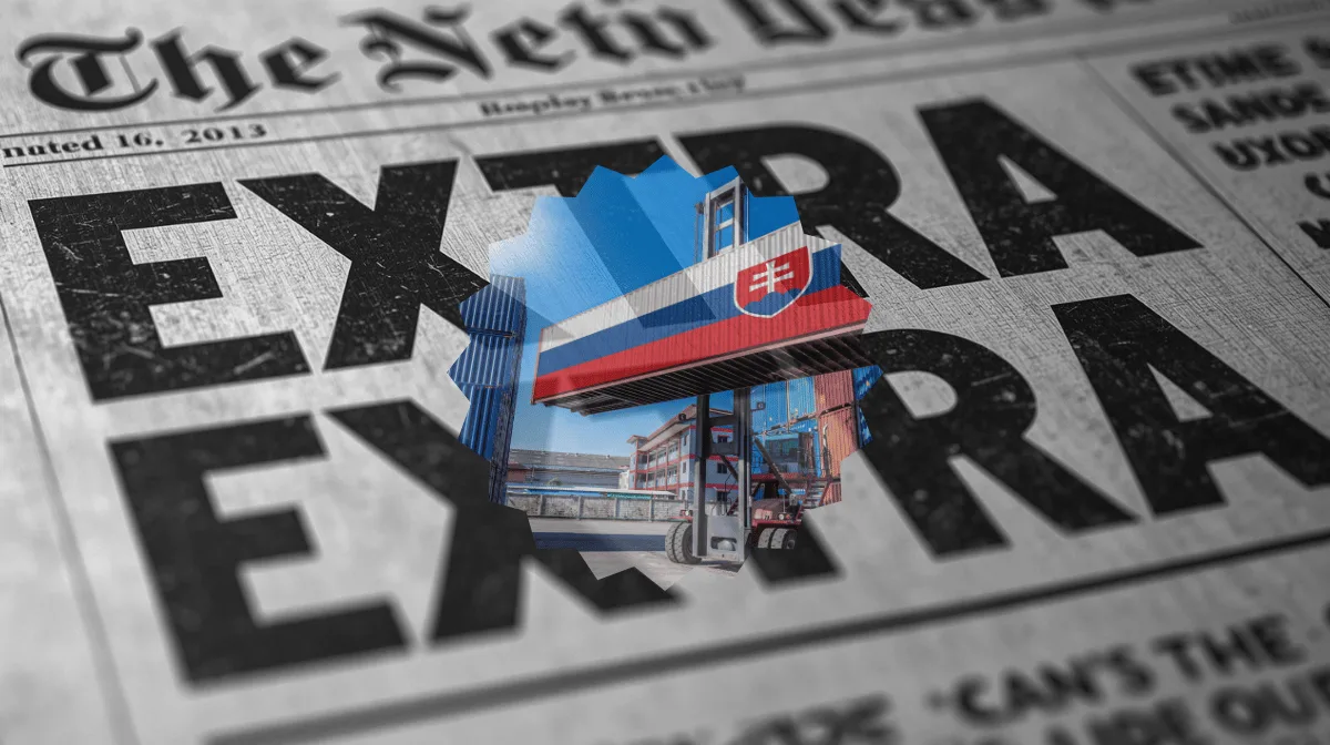 Import shipping container shown on newspaper print reading 