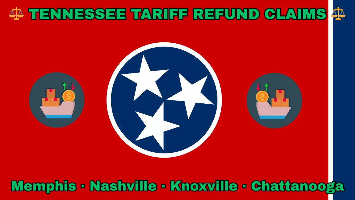 TENNESSEE TARIFF REFUND CLAIMS: Memphis, Nashville, Knoxville, and Chattanooga text on TN state flag adorned with shipping import tariffs depicted on a red background near three white stars on a blue circle and vertical blue stripe.