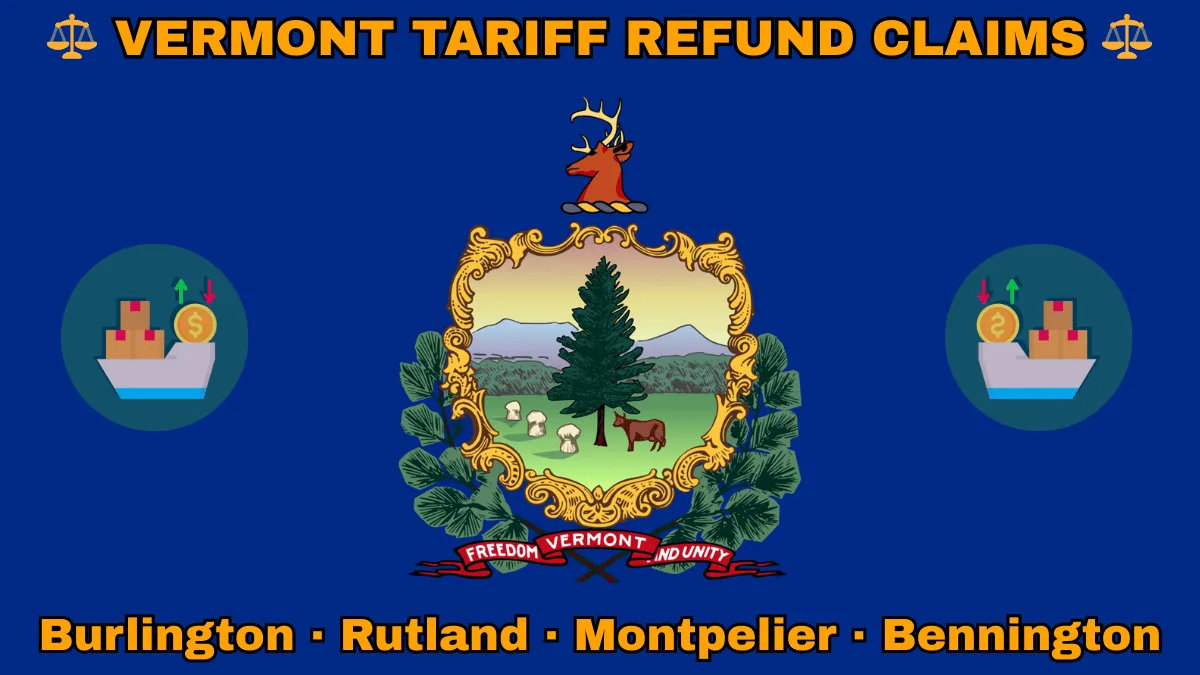 VERMONT TARIFF REFUND CLAIMS: Burlington, Rutland, Montpelier, and Bennington text on VT state flag adorned with shipping import tariffs depicted on a blue field near the official coat of arms featuring a pine tree and cow