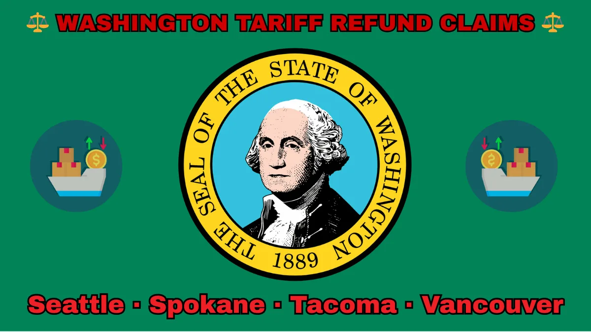 WASHINGTON TARIFF REFUND CLAIMS: Seattle, Spokane, Tacoma, and Vancouver text on WA state flag adorned with shipping import tariffs depicted on a green background near the official SEAL featuring George Washington.