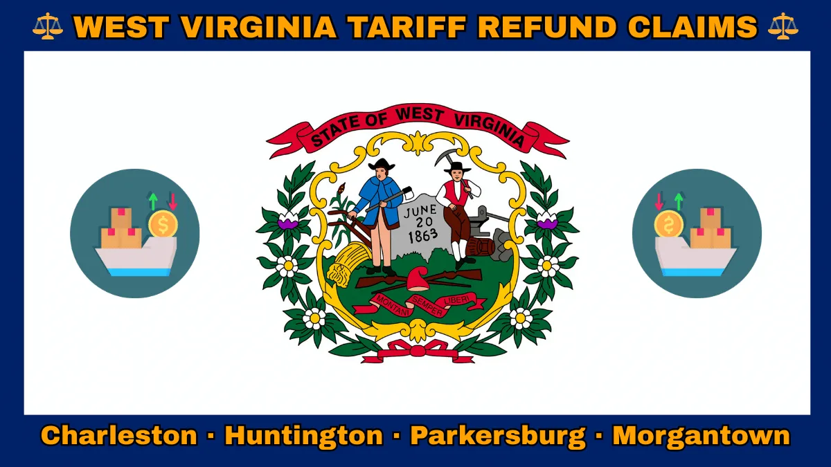 WEST VIRGINIA TARIFF REFUND CLAIMS: Charleston, Huntington, Parkersburg, and Morgantown text on WV state flag adorned with shipping import tariffs depicted on a white field with blue border near the official seal encircled by rhododendrons