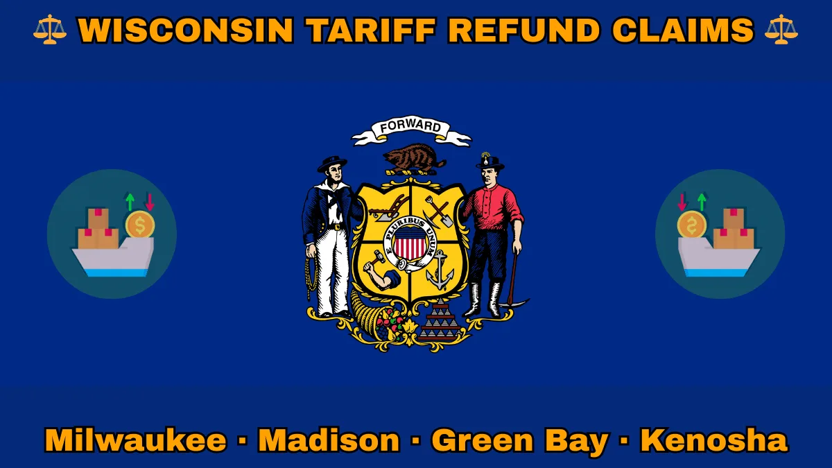 WISCONSIN TARIFF REFUND CLAIMS: Milwaukee, Madison, Green Bay, and Kenosha text on WI state flag adorned with shipping import tariffs depicted near a sailor and miner flanking a shield featuring agriculture, mining, manufacturing, and navigation, a badger above, and a cornucopia and lead ingot.